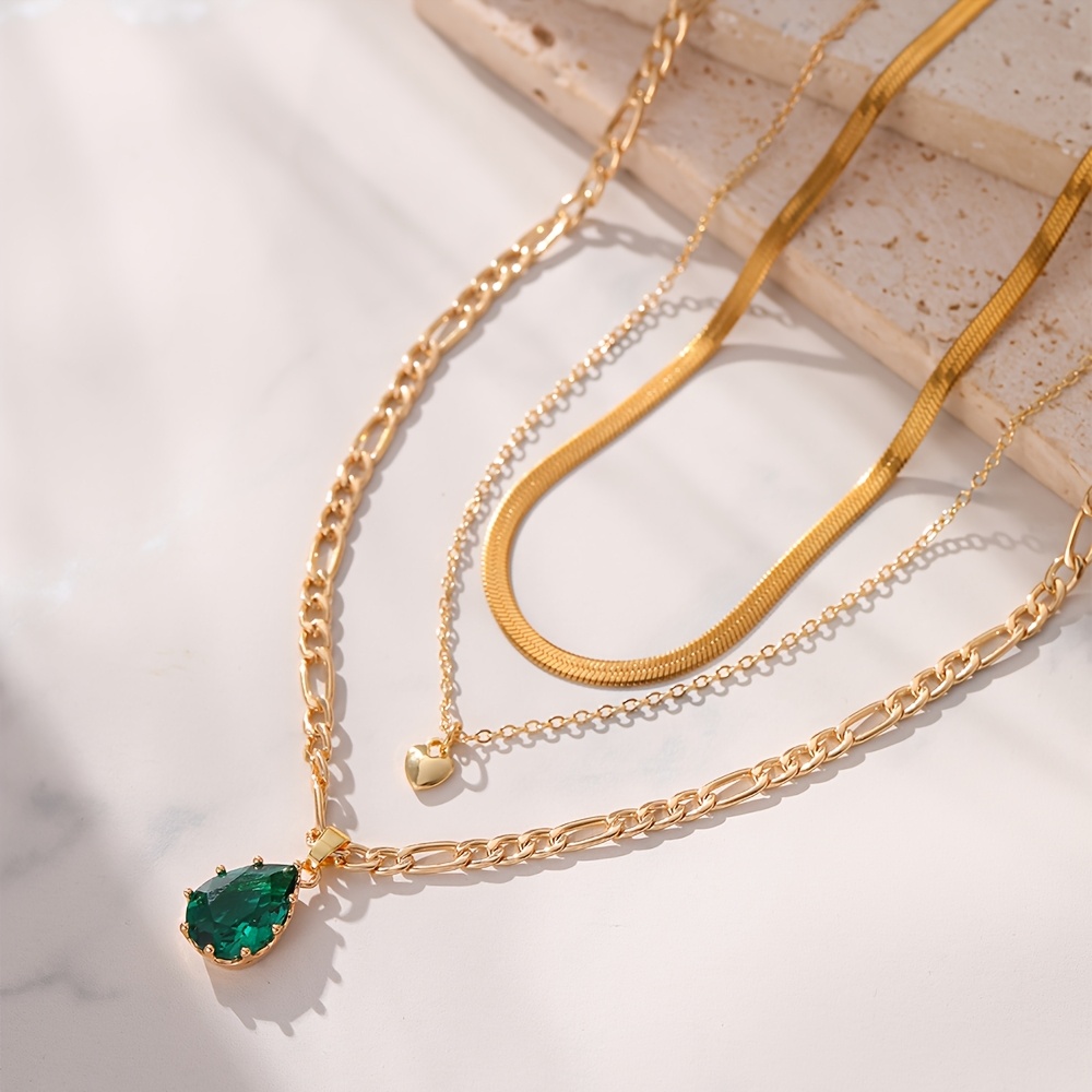 Fashionable Multi-layered Chain Necklace Set with Teardrop & Heart Pendants